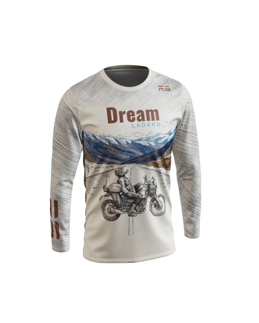 Long-sleeve shirt with motorcycle graphic and 'Dream Ladakh' text on a white background