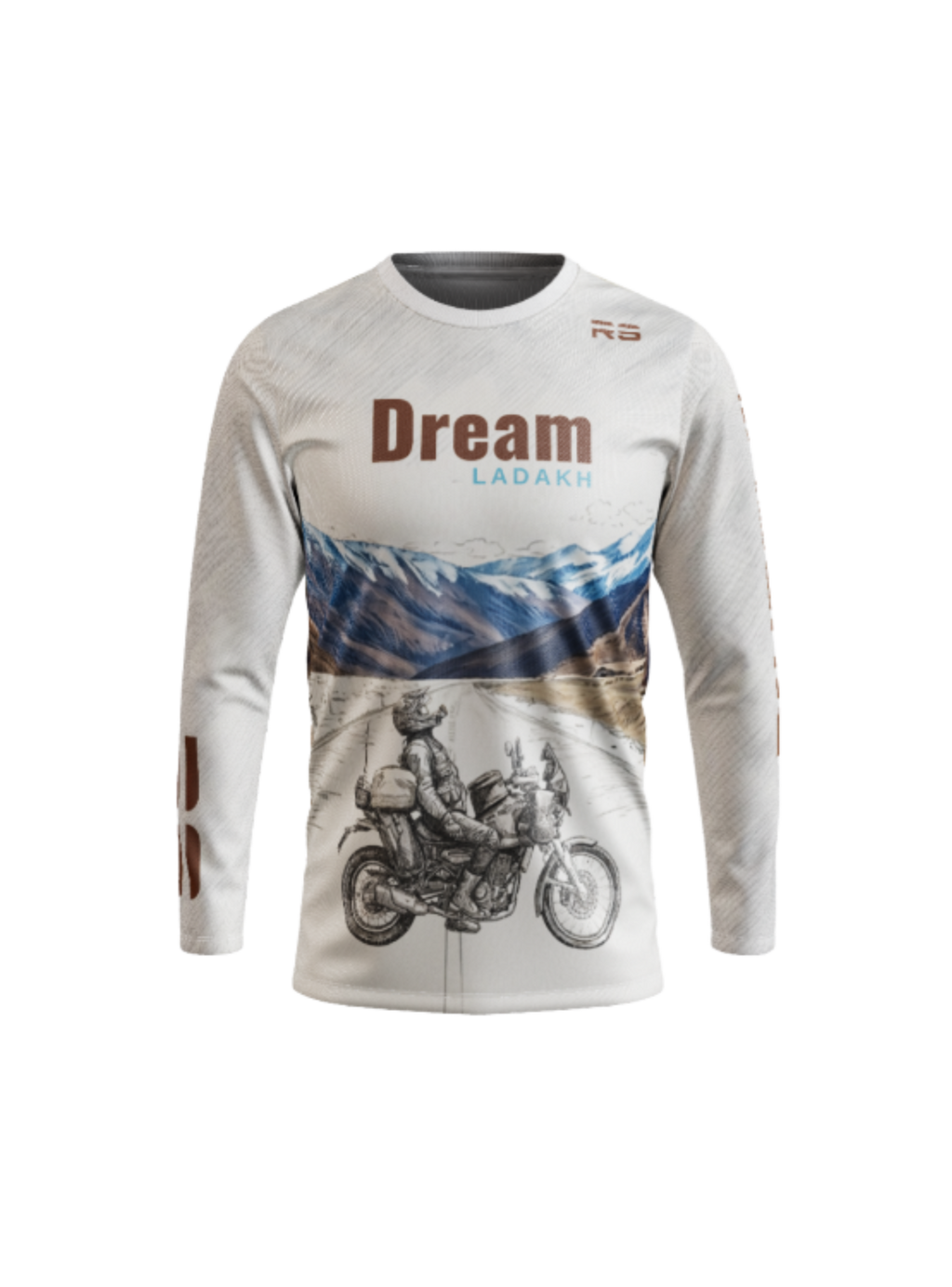 Long-sleeve shirt with motorcycle graphic and 'Dream Ladakh' text on a white background