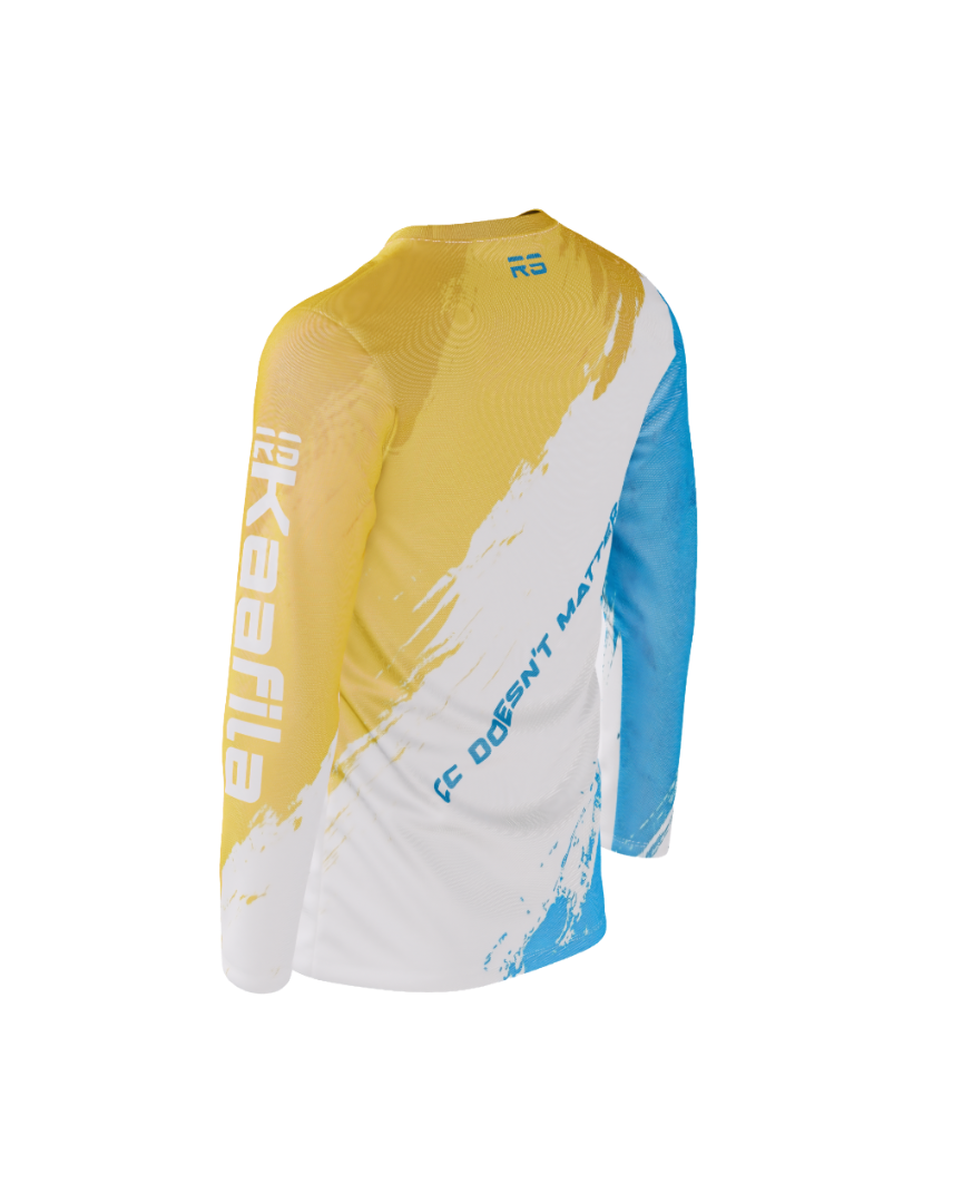 A long-sleeve athletic jersey shown from the back, featuring a yellow-to-white diagonal brushstroke design with blue side panels and blue text reading 'IC DOESN'T MATTER'.