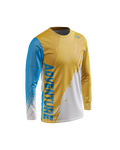 A long-sleeve athletic jersey in yellow, blue, and white, featuring the word 'ADVENTURE' printed vertically in blue on the front sleeve and chest area, with a small 'RD' logo on the upper right chest, shown on a plain white background.