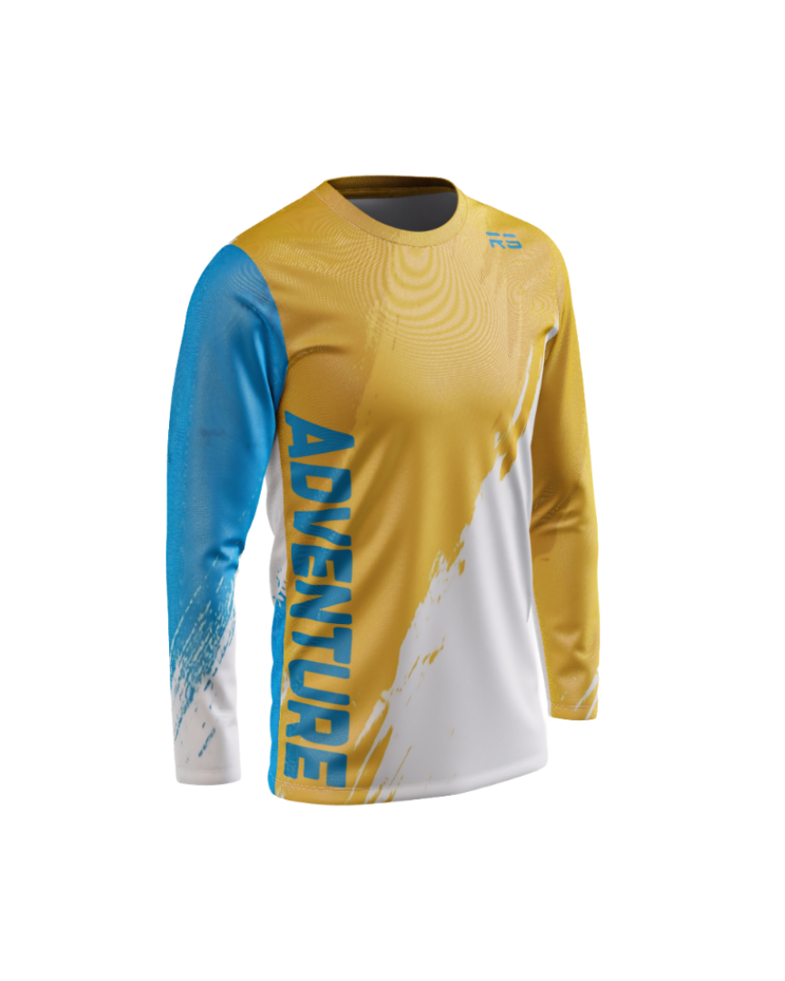 A long-sleeve athletic jersey in yellow, blue, and white, featuring the word 'ADVENTURE' printed vertically in blue on the front sleeve and chest area, with a small 'RD' logo on the upper right chest, shown on a plain white background.