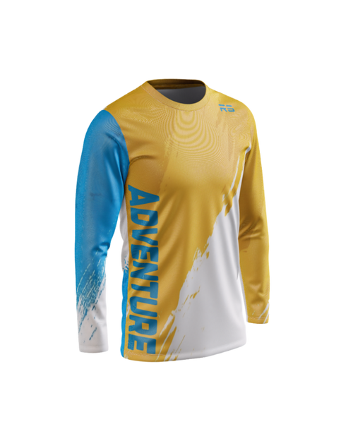 A long-sleeve athletic jersey in yellow, blue, and white, featuring the word 'ADVENTURE' printed vertically in blue on the front sleeve and chest area, with a small 'RD' logo on the upper right chest, shown on a plain white background.