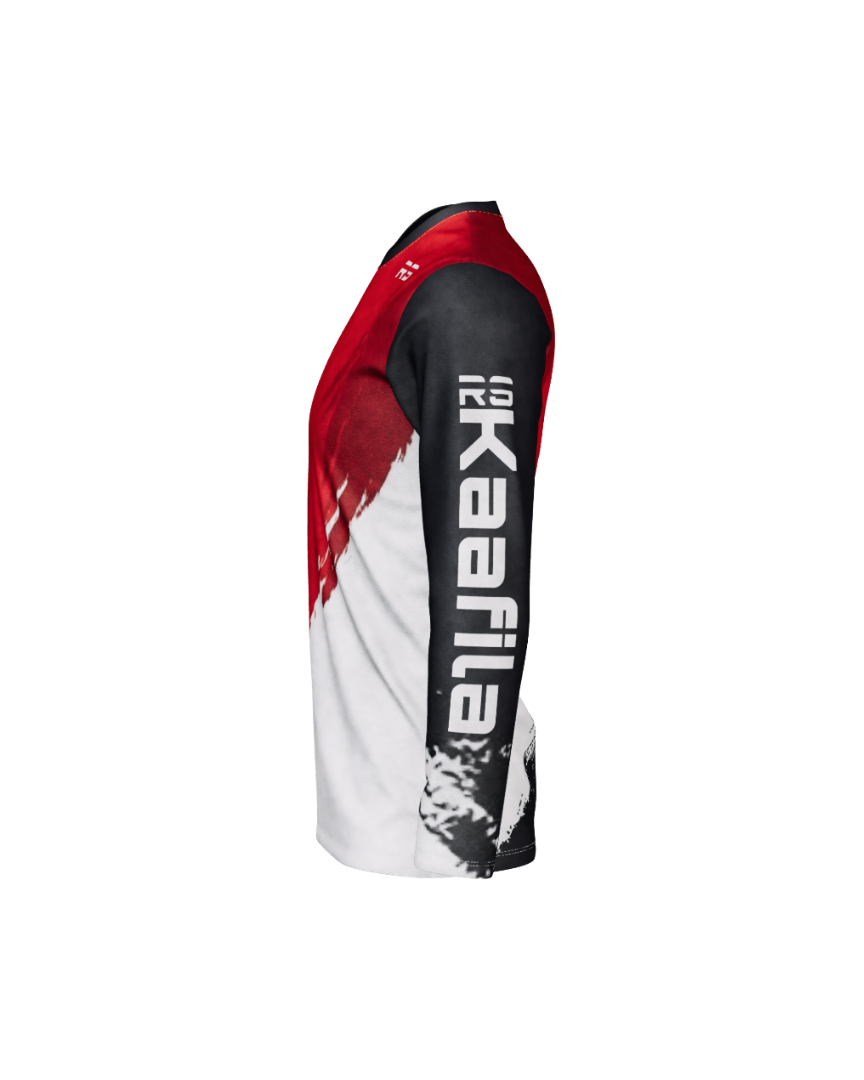 A side profile view of a long-sleeve athletic jersey in red, black, and white, featuring the vertical brand name 'Kaafile' printed in white on the black sleeve.