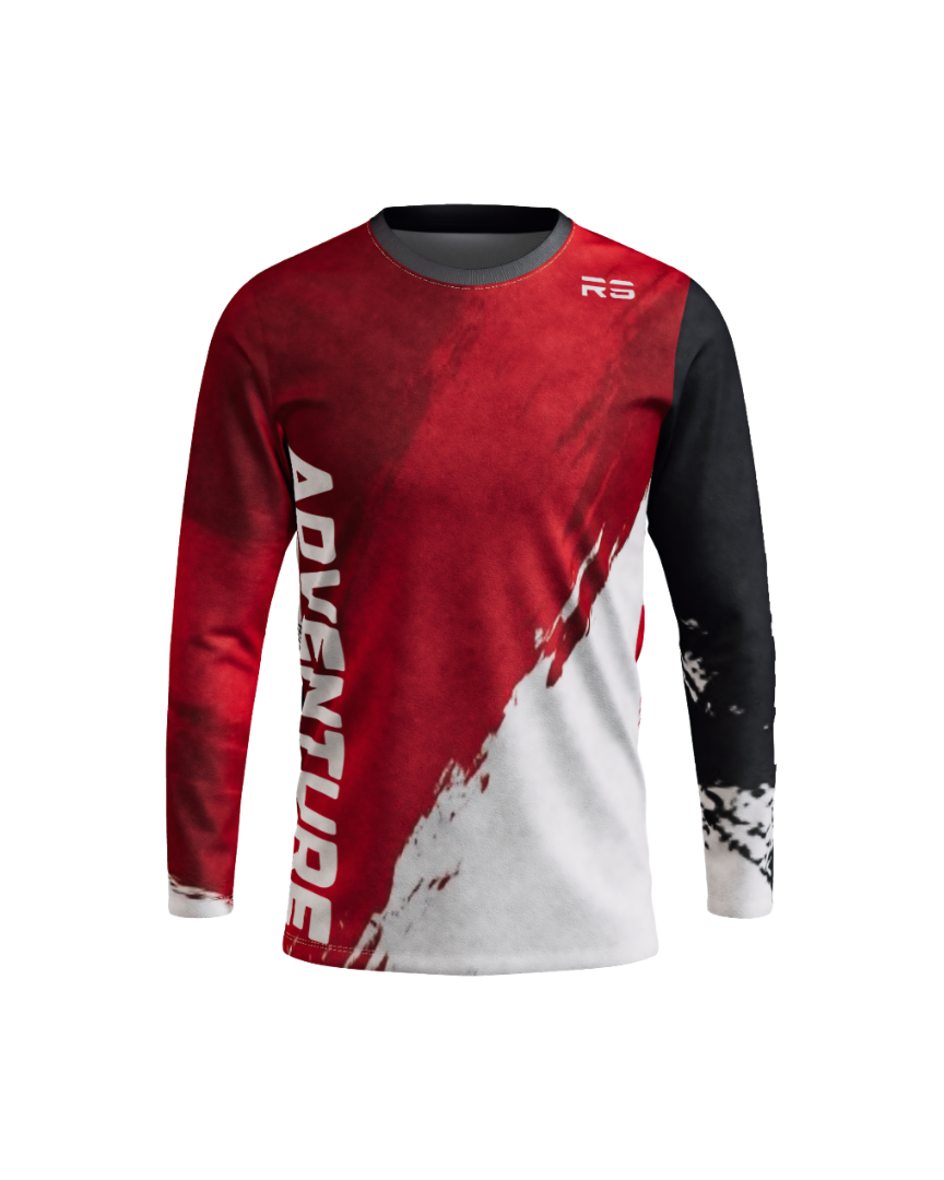 A long-sleeve athletic jersey with a red, white, and black graphic design, featuring the word 'ADVENTURE' printed vertically on the front and a small 'RS' logo on the upper right chest.