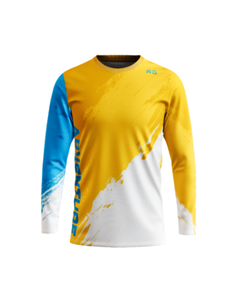A long-sleeve athletic jersey shown from the front and side on a plain white background. The shirt has a bright yellow upper body and sleeve, a blue middle section, a white lower section, and large vertical text on the side in white and blue.
