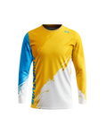 A long-sleeve athletic jersey shown from the front and side on a plain white background. The shirt has a bright yellow upper body and sleeve, a blue middle section, a white lower section, and large vertical text on the side in white and blue.