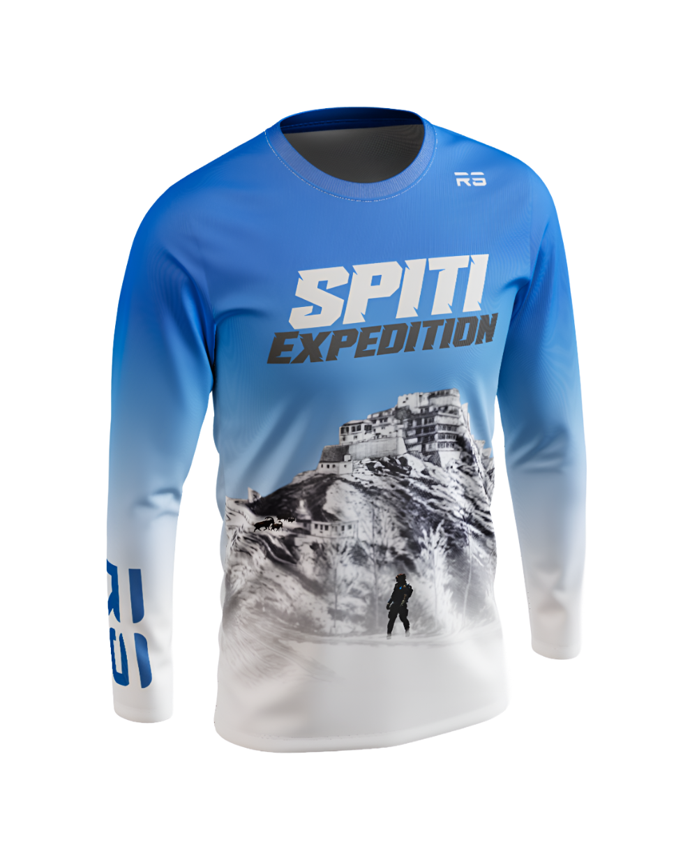 A long-sleeve athletic shirt with a blue-to-white gradient, featuring a mountain scene graphic and the text 'SPITI EXPEDITION' on the front, shown on a plain white background.