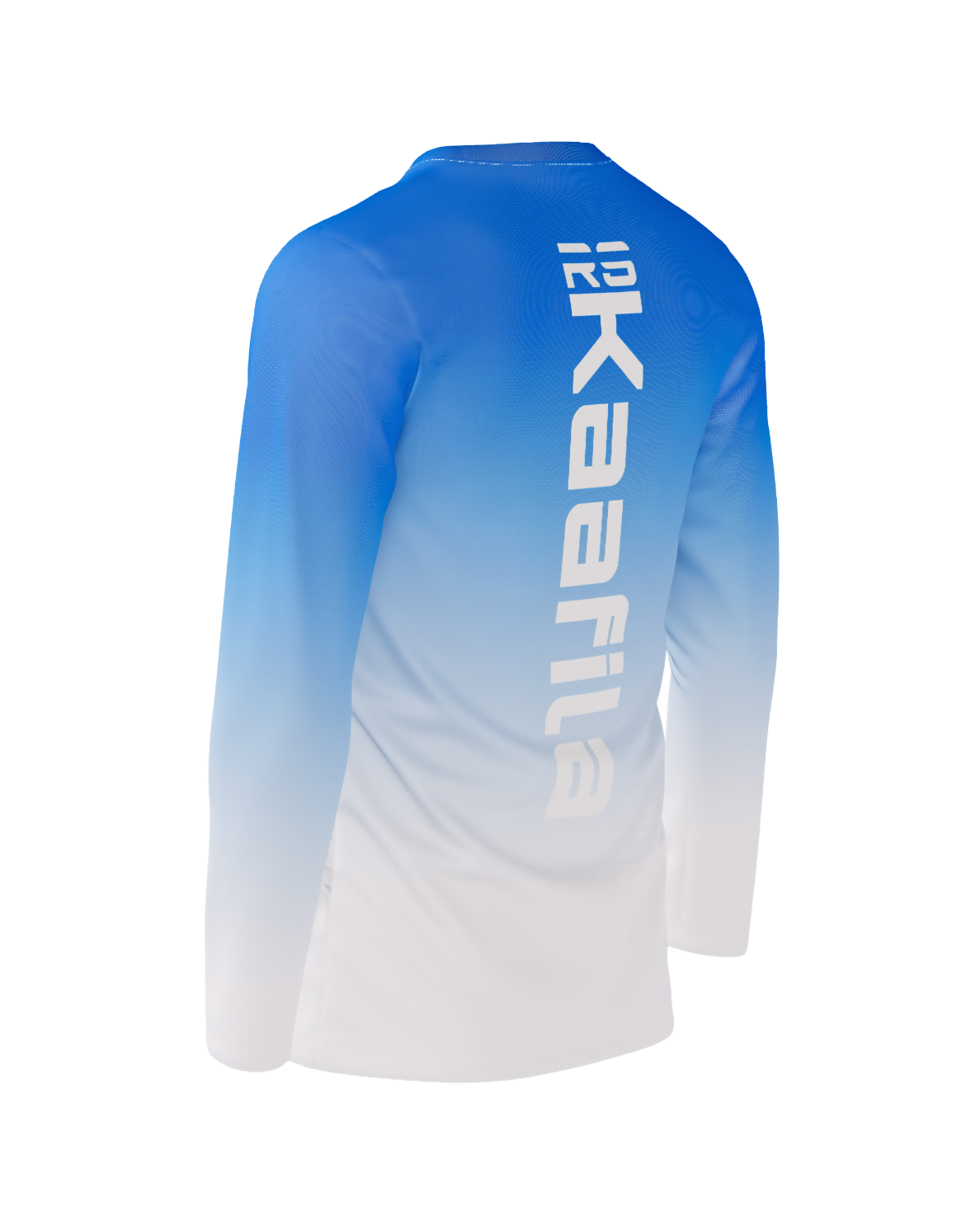 A long-sleeve performance shirt shown from the back, featuring a blue-to-white gradient design with 'GKAFFILA' printed vertically in white on the upper back.