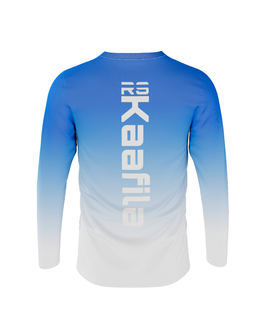 A long-sleeve performance shirt shown from the back, featuring a blue-to-white gradient design with 'Yukafit' printed vertically in white on the upper back.
