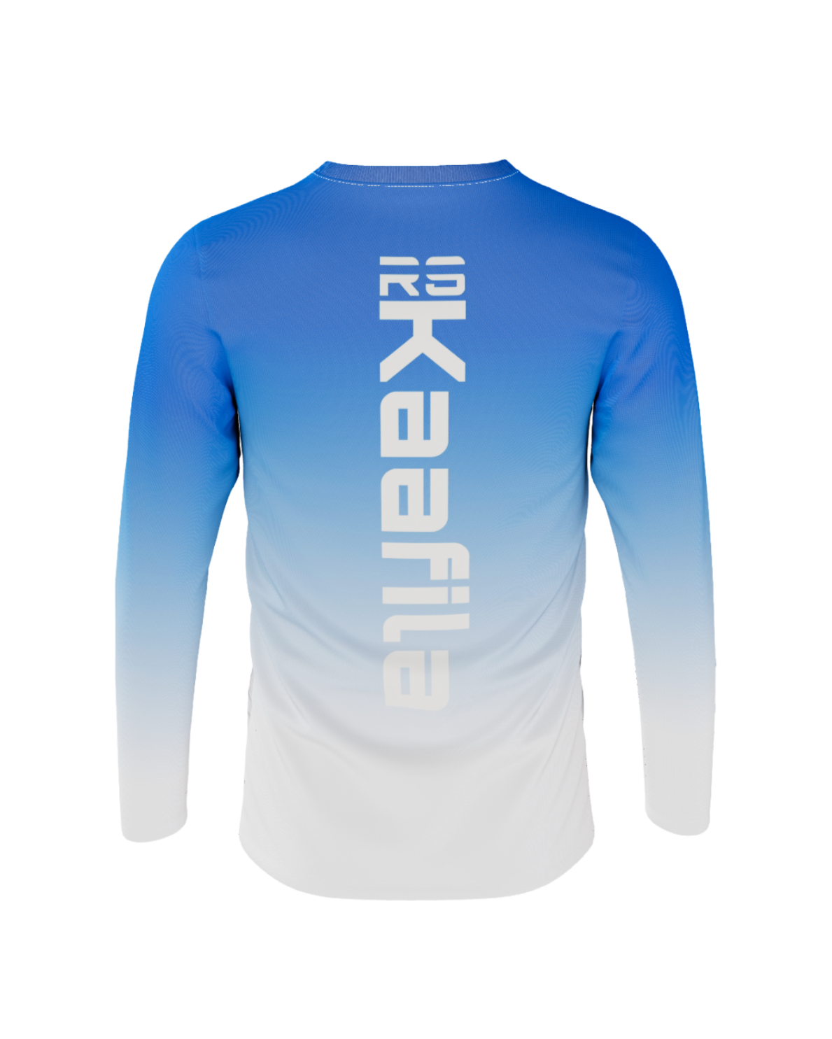 A long-sleeve performance shirt shown from the back, featuring a blue-to-white gradient design with 'Yukafit' printed vertically in white on the upper back.